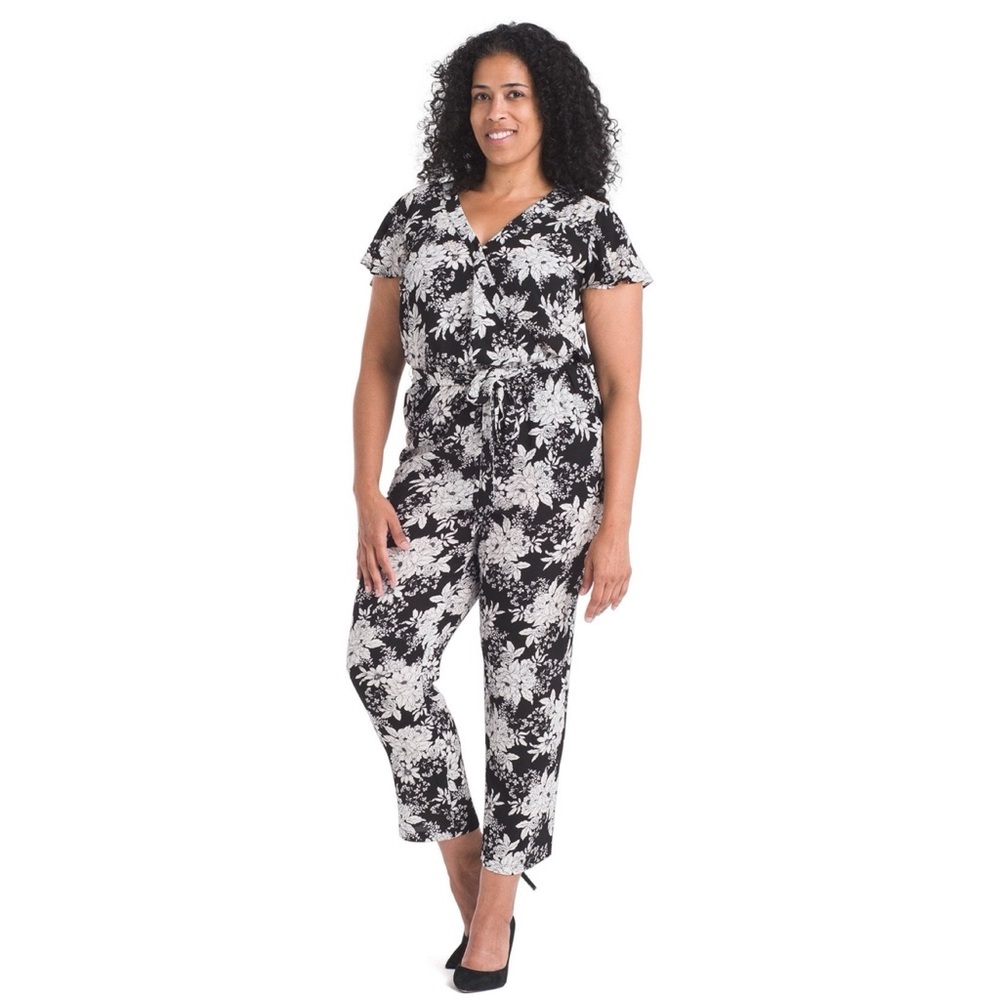 Vince Camuto Boudoir Botanical Belted Jumpsuit Floral Black White Womens Size 14